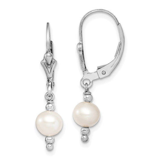QE9347 Sterling Silver Rhodium-plated 6-7mm White Semi-Round Freshwater Cultured Pearl Leverback Dangle Earrings