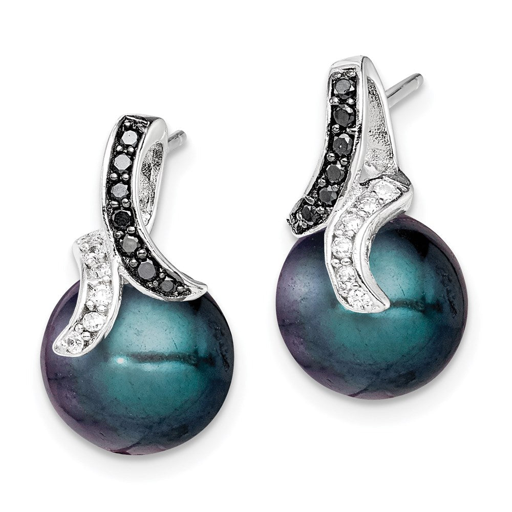 QE9354 Sterling Silver Polished Black and White CZ with 9-10mm Black Imitation Shell Pearl Post Earrings