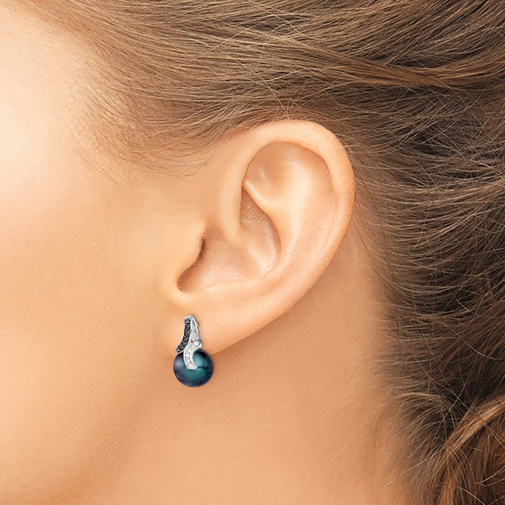 QE9354 Sterling Silver Polished Black and White CZ with 9-10mm Black Imitation Shell Pearl Post Earrings
