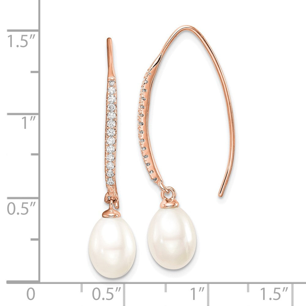 QER15366 Sterling Silver Rose-tone 7-8mm White Teardrop Freshwater Cultured Pearl and CZ Threader Earrings