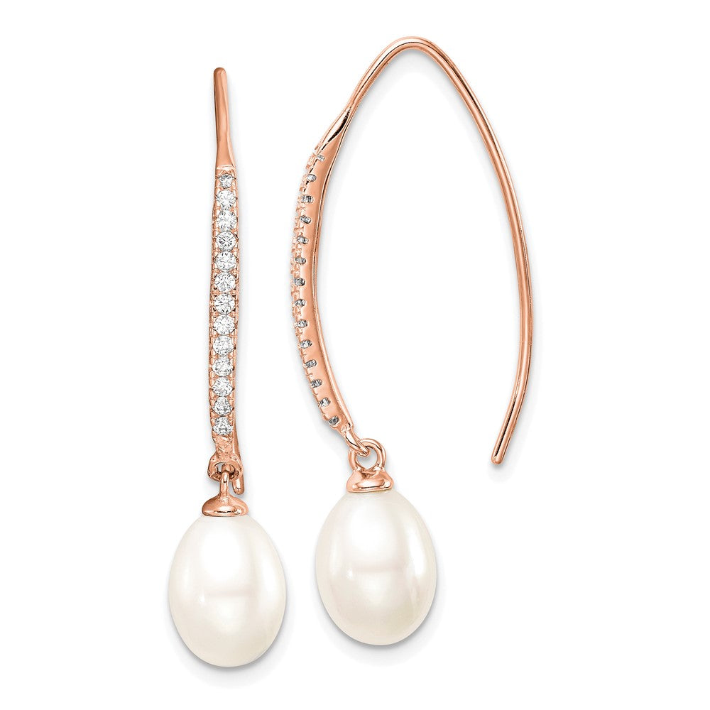 QER15366 Sterling Silver Rose-tone 7-8mm White Teardrop Freshwater Cultured Pearl and CZ Threader Earrings