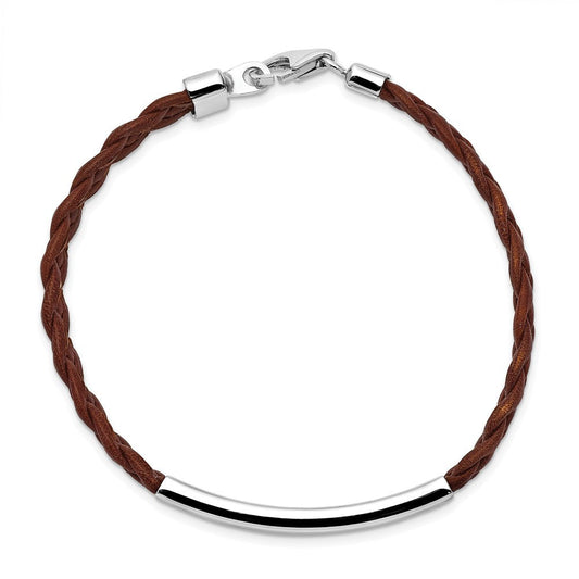 Sterling Silver Rhodium-plated Brown Braided Leather Bracelet QG1087-7