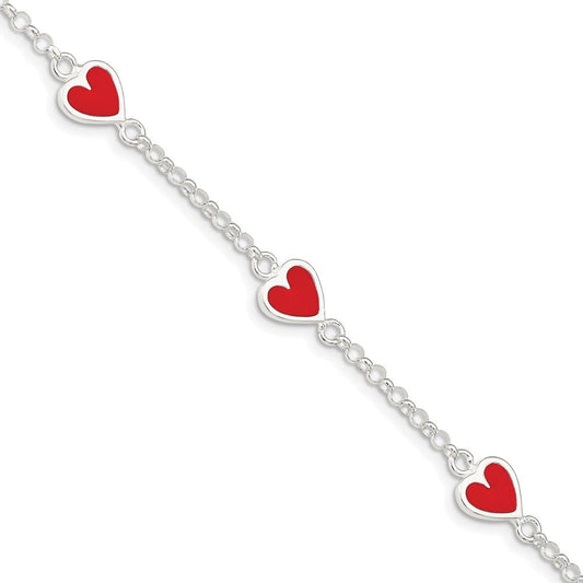 Sterling Silver Polished & Red Enamel Heart w/ 1in ext Children's Bracelet QG1326-6