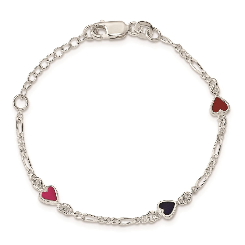 Sterling Silver Polished & Multi-color Enameled Hearts with 1 Inch Extension Children's Bracelet QG1327-6