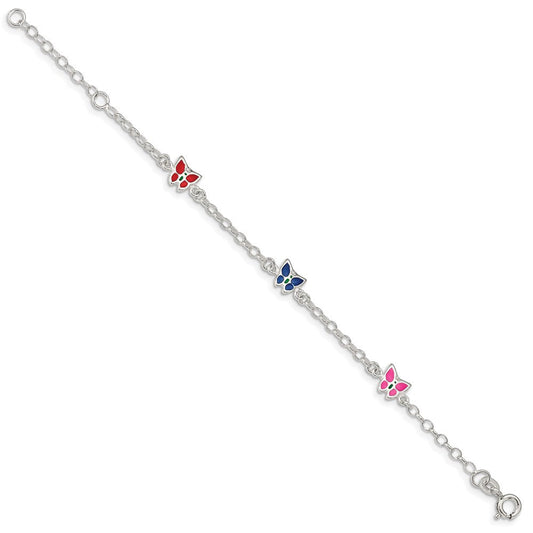 Sterling Silver Multi-color Enamel Butterfly w/ 1in ext. Children's Bracele QG1332-6