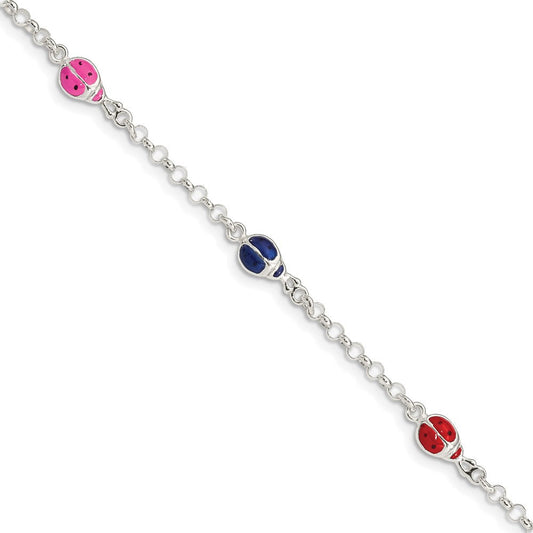 Sterling Silver Multi-color Enamel Ladybugs w/ 1in ext. Children's Bracelet QG1333-6