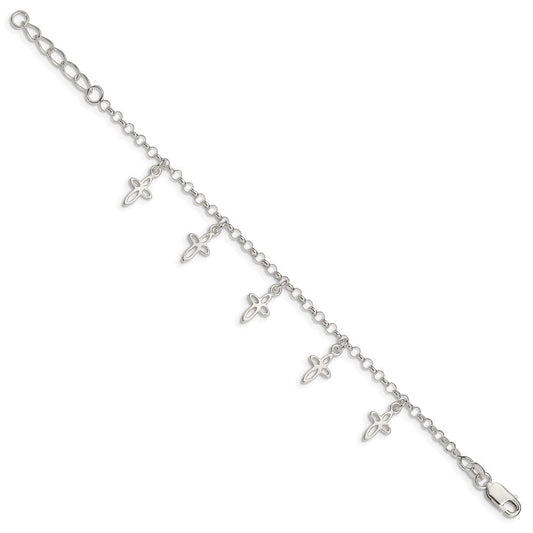 Sterling Silver Polished Cross Charms with 1in Ext. Children's Bracelet QG1359-6
