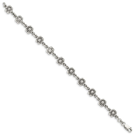 Sterling Silver Antiqued Flower Charm Bracelet QG1548-7