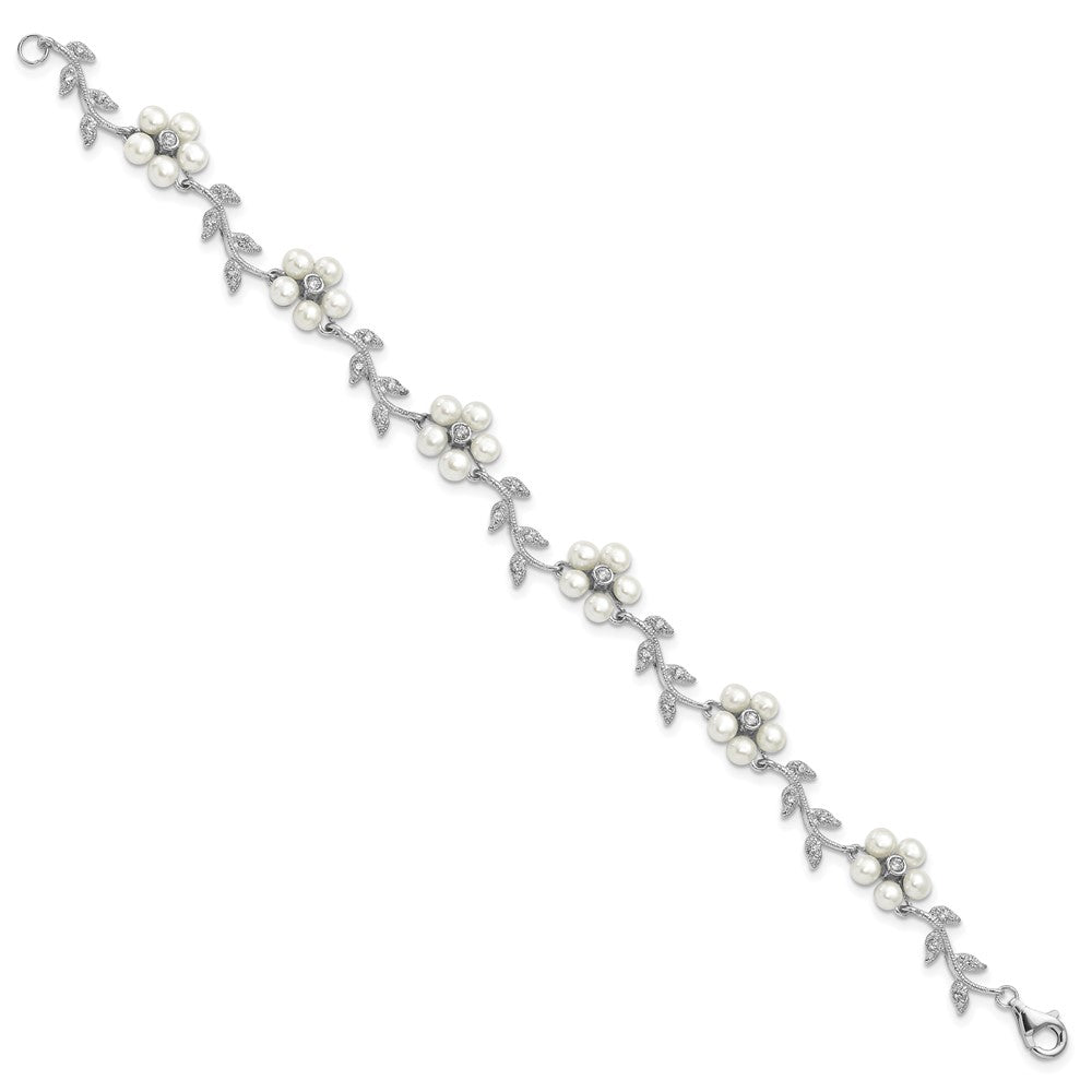 Sterling Silver Rhodium-plated CZ Vine Pattern and Fresheater Cultured Pearl Floral 7 inch Bracelet QG1805-7