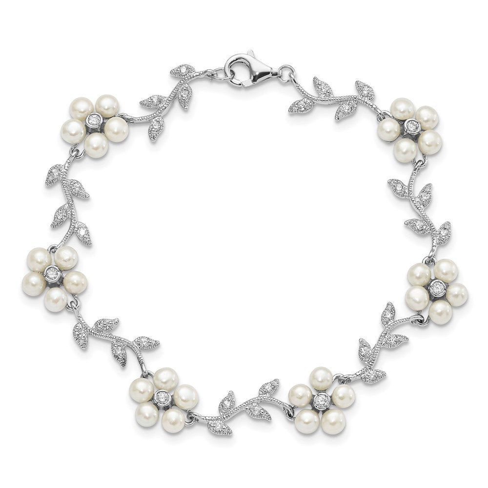 Sterling Silver Rhodium-plated CZ Vine Pattern and Fresheater Cultured Pearl Floral 7 inch Bracelet QG1805-7