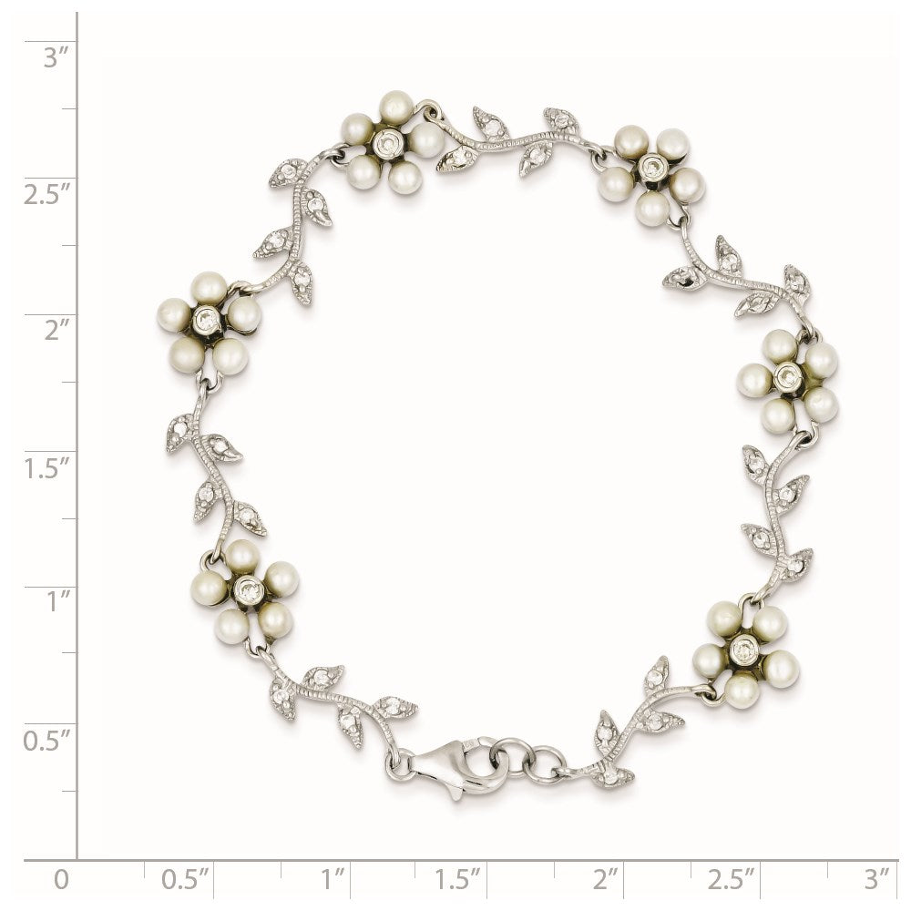 Sterling Silver Rhodium-plated CZ Vine Pattern and Fresheater Cultured Pearl Floral 7 inch Bracelet QG1805-7