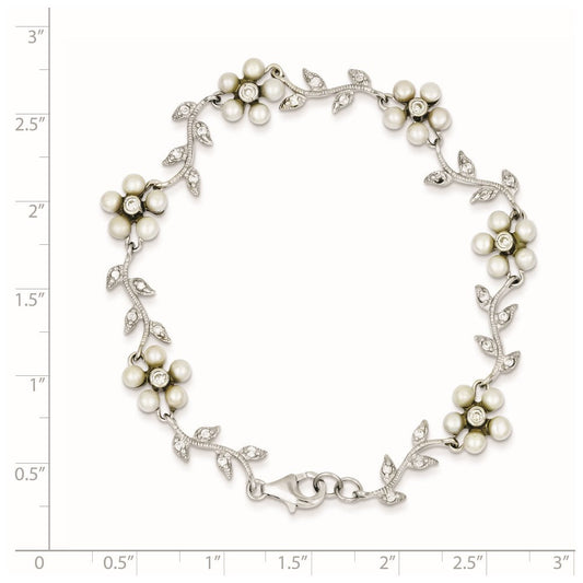 Sterling Silver Rhodium-plated CZ Vine Pattern and Fresheater Cultured Pearl Floral 7 inch Bracelet QG1805-7