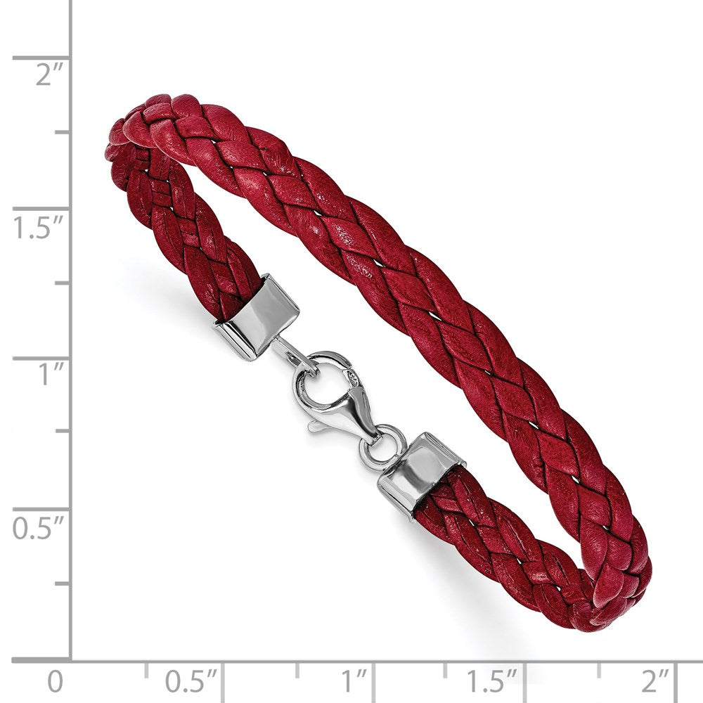 Sterling Silver Rhodium Plated Red Braided Leather 7 inch Bracelet QG1847-7