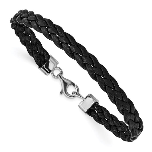 Sterling Silver Rhodium-plated Black Braided Leather Bracelet QG1848-7
