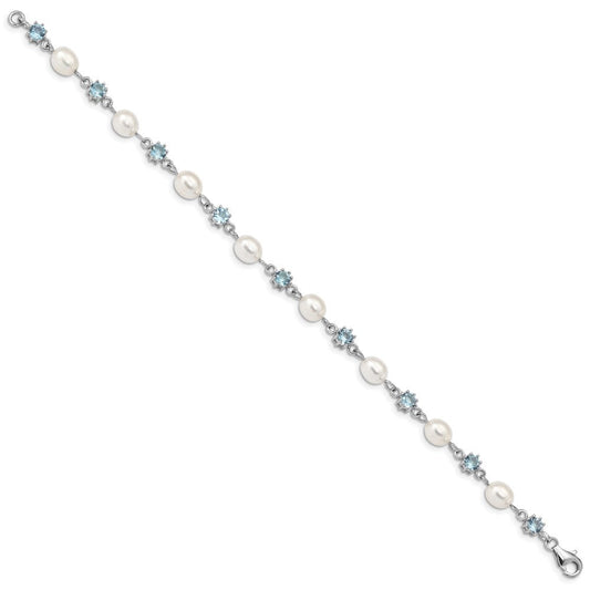 Sterling Silver Rhodium Blue CZ FW Cultured Pearl Bracelet QG2388-7