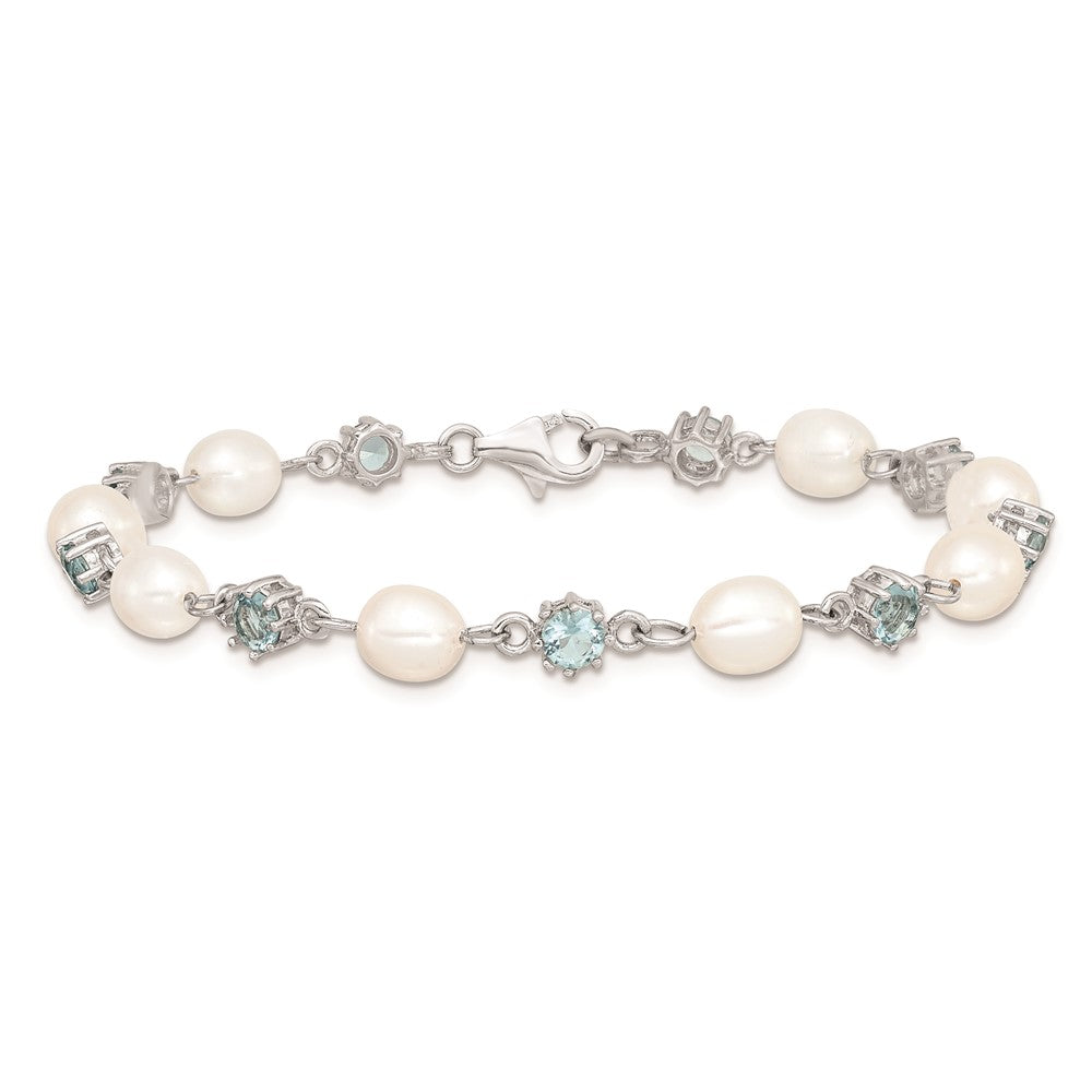 Sterling Silver Rhodium Blue CZ FW Cultured Pearl Bracelet QG2388-7