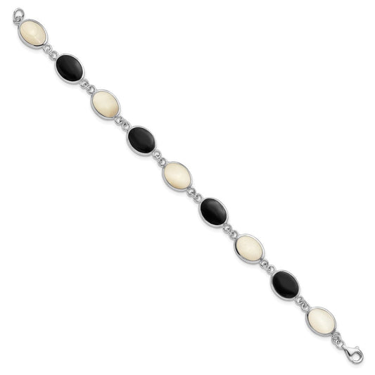 Sterling Silver Rhodium-plated Onyx and Mother of Pearl Bracelet QG2399-7