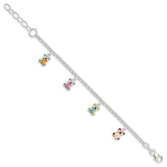 Sterling Silver Multi-color Enameled Bears w/ 1in ext Children's Bracelet QG2573-6