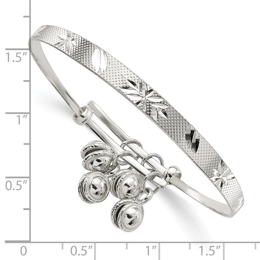 Sterling Silver D/C & Textured Bells Adjustable Children's Bangle Bracelet QG2820