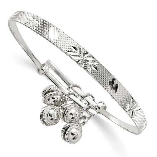 Sterling Silver D/C & Textured Bells Adjustable Children's Bangle Bracelet QG2820