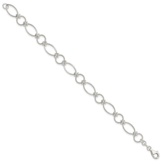 Sterling Silver Polished Textured Fancy Circle and Oval Link Bracelet QG3059-7.5