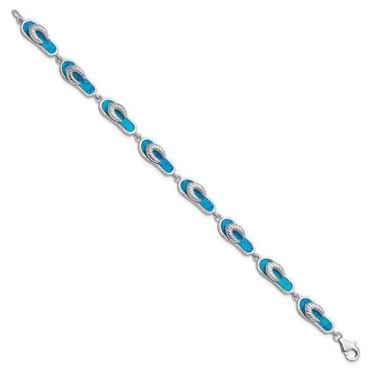 Sterling Silver Rhodium-plated 7in Created Blue Opal Inlay Sandal Bracelet QG3113-7
