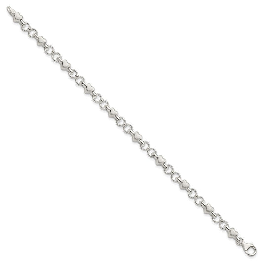 Sterling Silver Polished and Brushed Hearts and Circles Bracelet QG3310-7.5