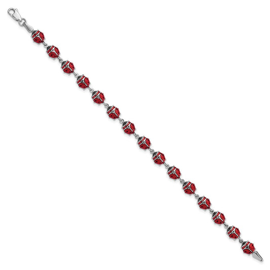 Sterling Silver Rhodium Polished Enameled Lady Bug Bracelet QG3443-7
