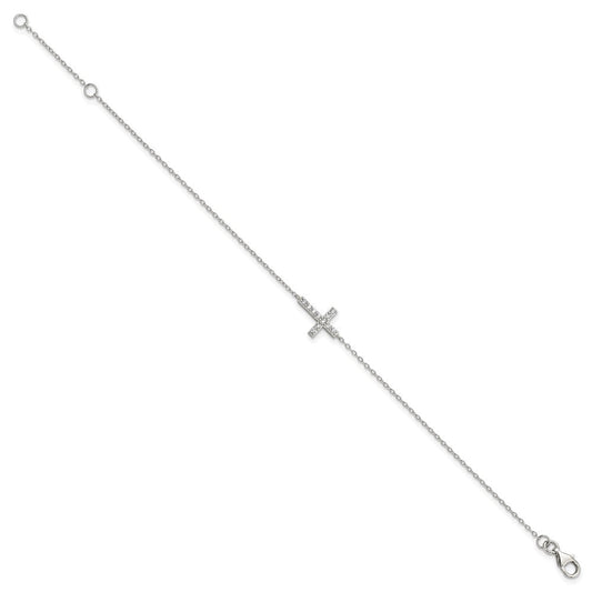 Sterling Silver Rhodium-plated CZ Sideways Cross w/1in Ext Bracelet QG3470-7