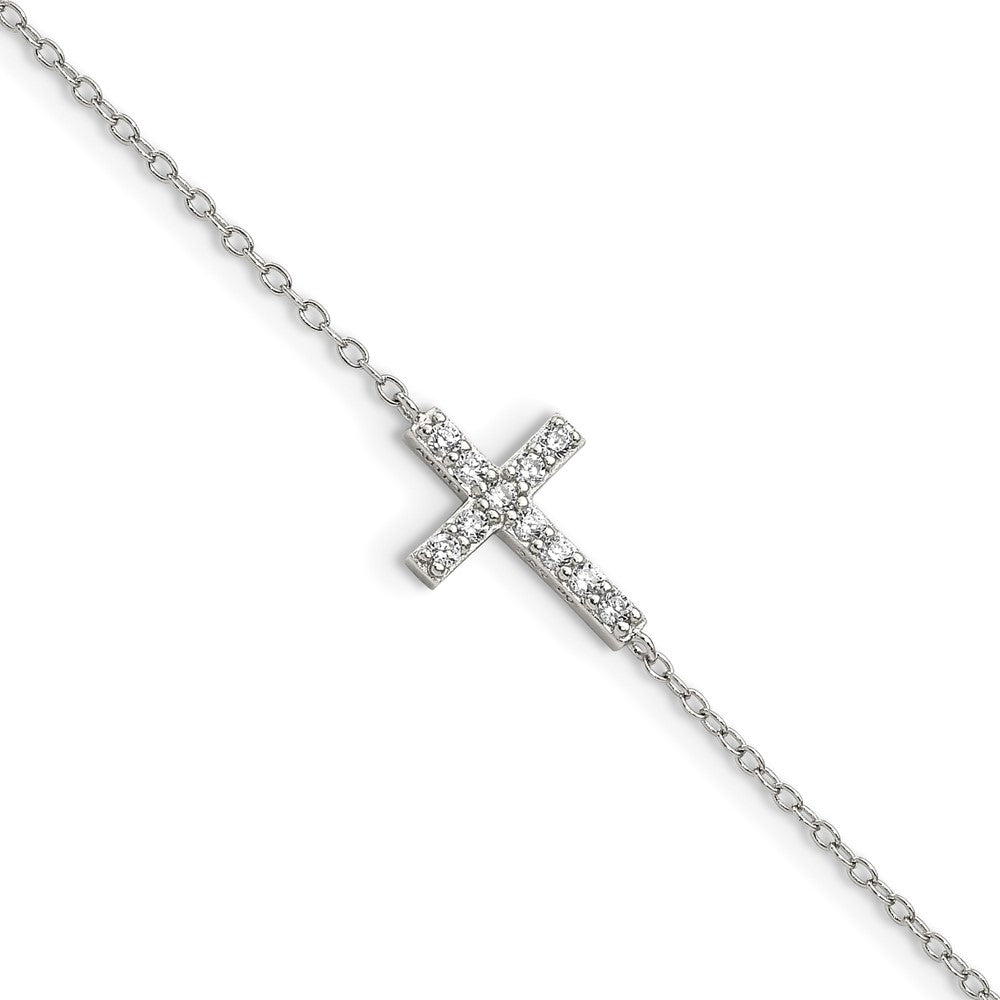 Sterling Silver Rhodium-plated CZ Sideways Cross w/1in Ext Bracelet QG3470-7