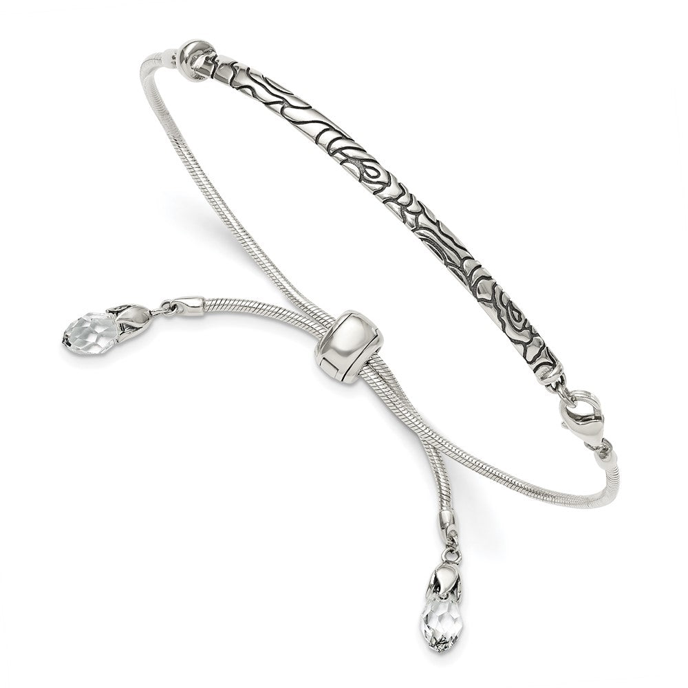 Sterling Silver Antiqued Reflections Clear Crystal Adjustable Bracelet QG3501