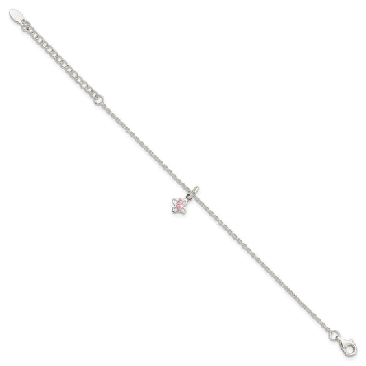 Sterling Silver Polished Pink CZ Butterfly w/ 1.5in Ext. Children's Bracele QG3503-5
