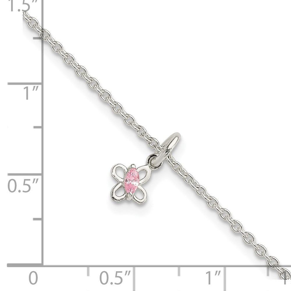 Sterling Silver Polished Pink CZ Butterfly w/ 1.5in Ext. Children's Bracele QG3503-5