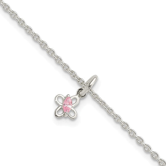 Sterling Silver Polished Pink CZ Butterfly w/ 1.5in Ext. Children's Bracele QG3503-5