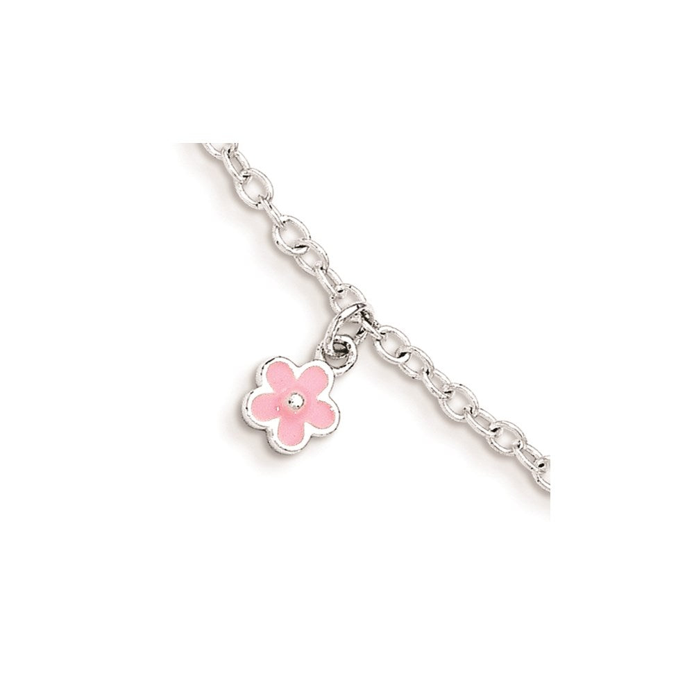 Sterling Silver Polished Pink Enamel Flowers w/1.5in Ext Children's Bracele QG3514-5.5