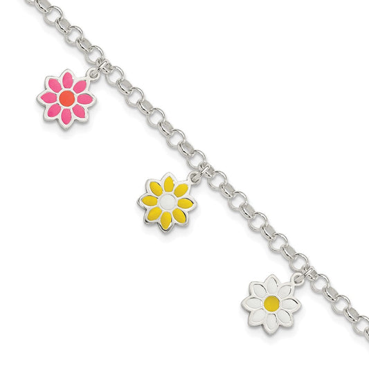 Sterling Silver Polished Multi-color Enamel Flowers Children's Bracelet QG3515-6