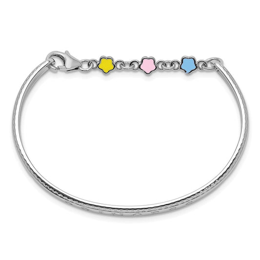Sterling Silver Rhodium-plated Polished & Beaded Multi-color Enameled Flowers & Hearts PRINCESS with Chain Baby Bangle QG3534