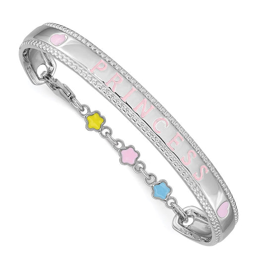 Sterling Silver Rhodium-plated Polished & Beaded Multi-color Enameled Flowers & Hearts PRINCESS with Chain Baby Bangle QG3534