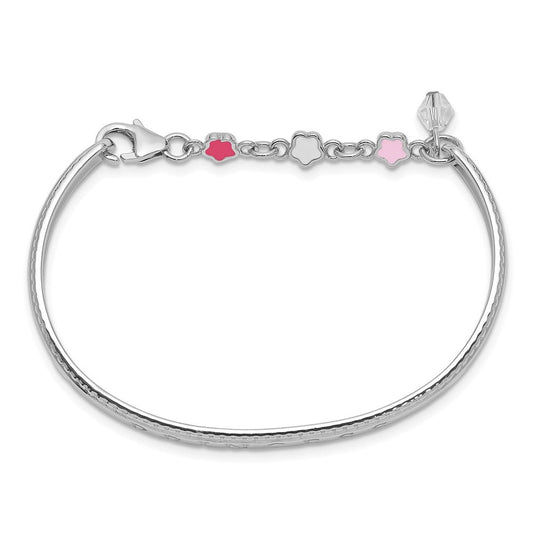 Sterling Silver Rhodium-plated Polished & Beaded Crystal & Multi-color Enameled PRINCESS with Chain Baby Bangle QG3535