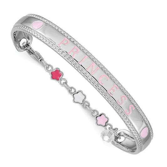 Sterling Silver Rhodium-plated Polished & Beaded Crystal & Multi-color Enameled PRINCESS with Chain Baby Bangle QG3535