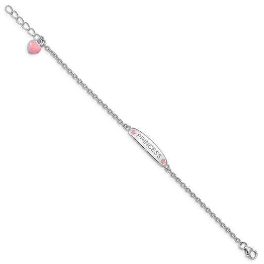 Sterling Silver Rhodium-plated Polished & Pink Enameled PRINCESS with 1 Inch Extension Children's Bracelet QG3537-6