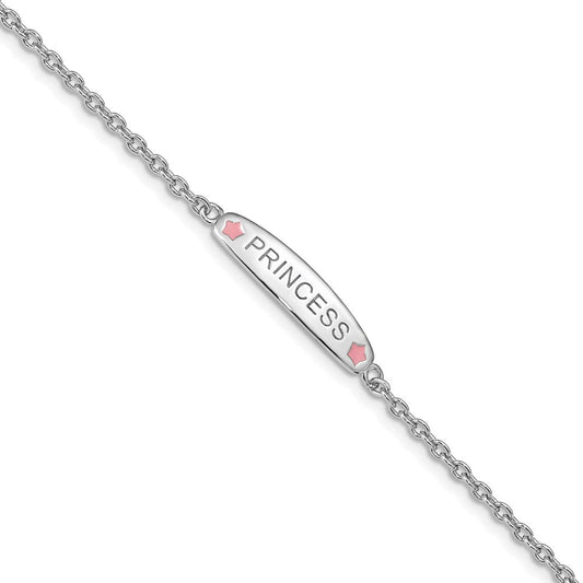 Sterling Silver Rhodium-plated Polished & Pink Enameled PRINCESS with 1 Inch Extension Children's Bracelet QG3537-6