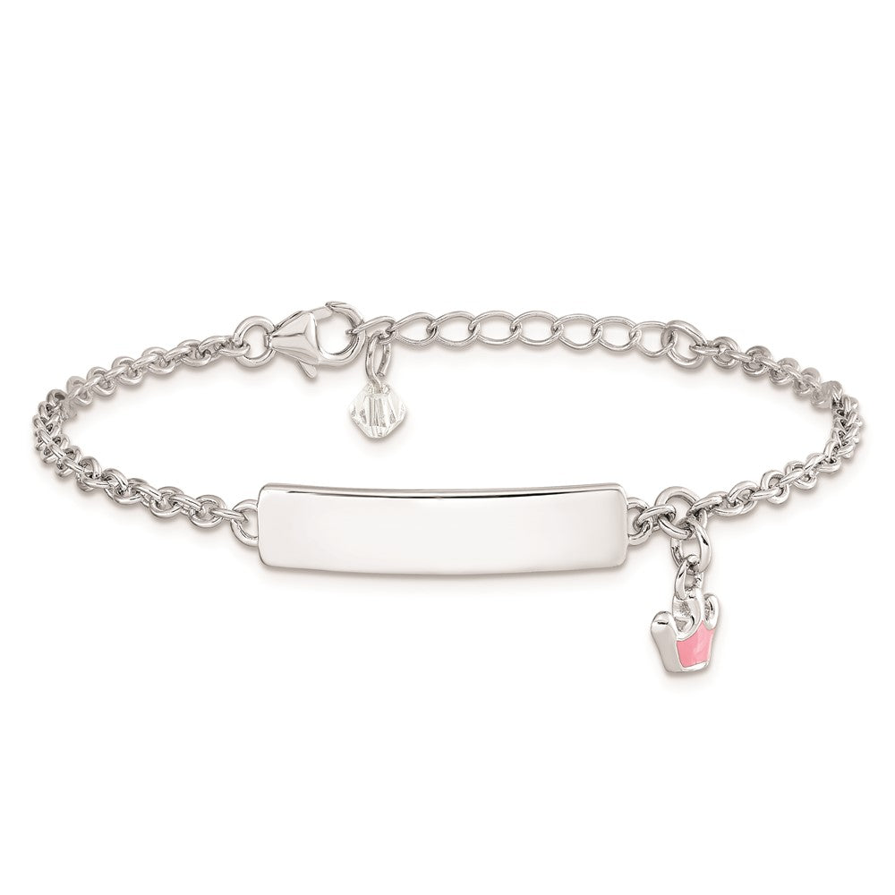 Sterling Silver Rhodium-plated Polished & Pink Enameled Crown with 1 Inch Extension Children's ID Bracelet QG3538
