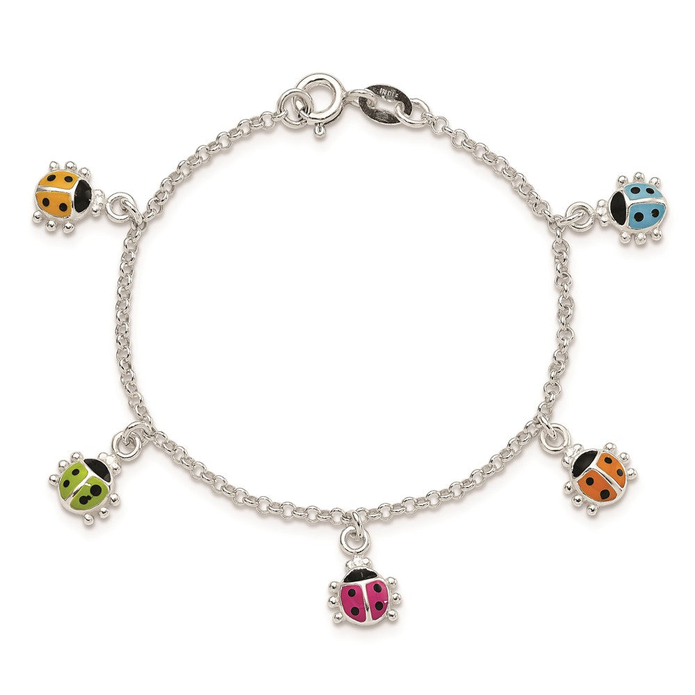 Sterling Silver Polished Multi-color Enameled Ladybugs Children's Bracelet QG3545-6