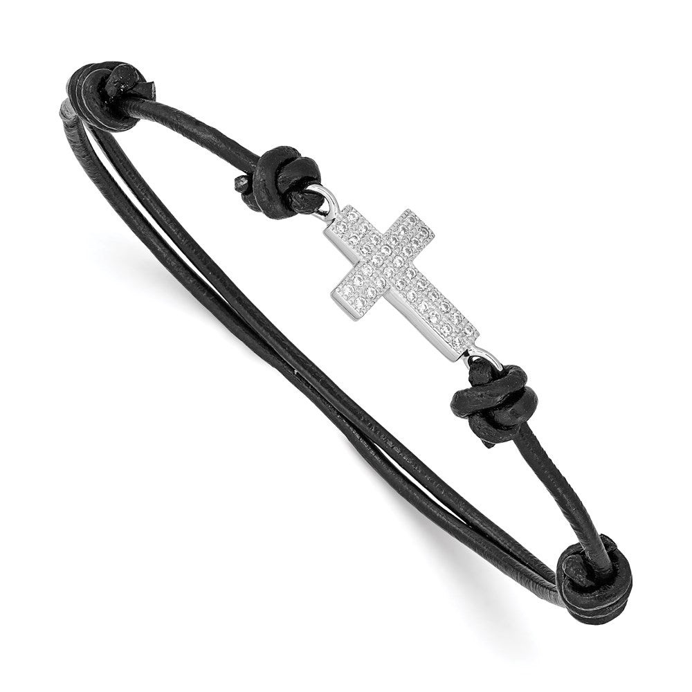Sterling Silver Rhodium-plated CZ Cross Black Leather Adjustable Bracelet QG3570