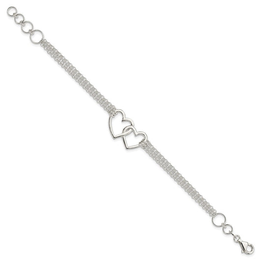 Sterling Silver Polished 3-strand w/.5in. Ext. Heart Bracelet QG3608-7