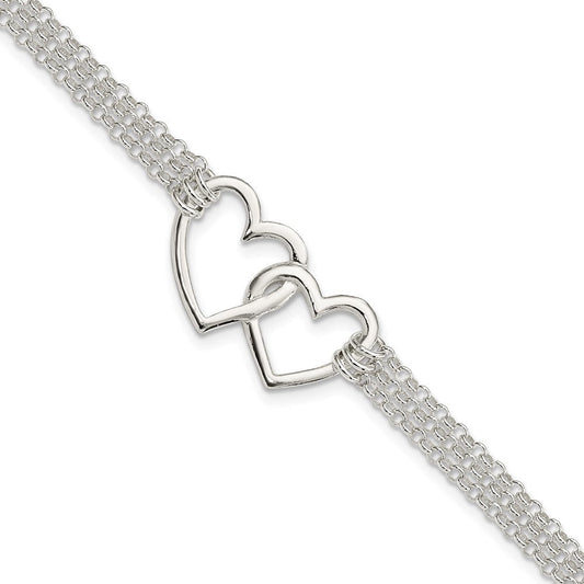 Sterling Silver Polished 3-strand w/.5in. Ext. Heart Bracelet QG3608-7