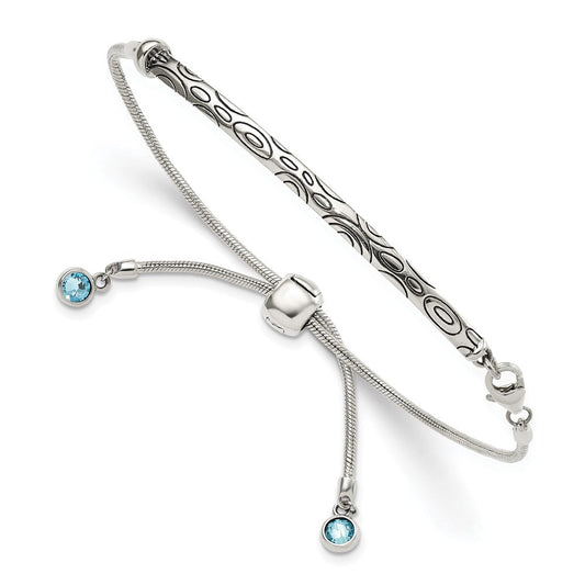 Sterling Silver Antiqued Blue Crystal Round Bezel Adjustable Bracelet QG3637