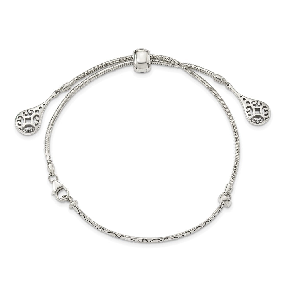 Sterling Silver Antiqued Filigree Drops Adjustable Bracelet QG3638