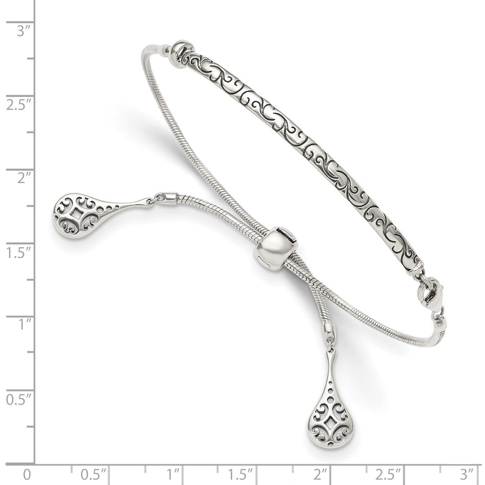Sterling Silver Antiqued Filigree Drops Adjustable Bracelet QG3638